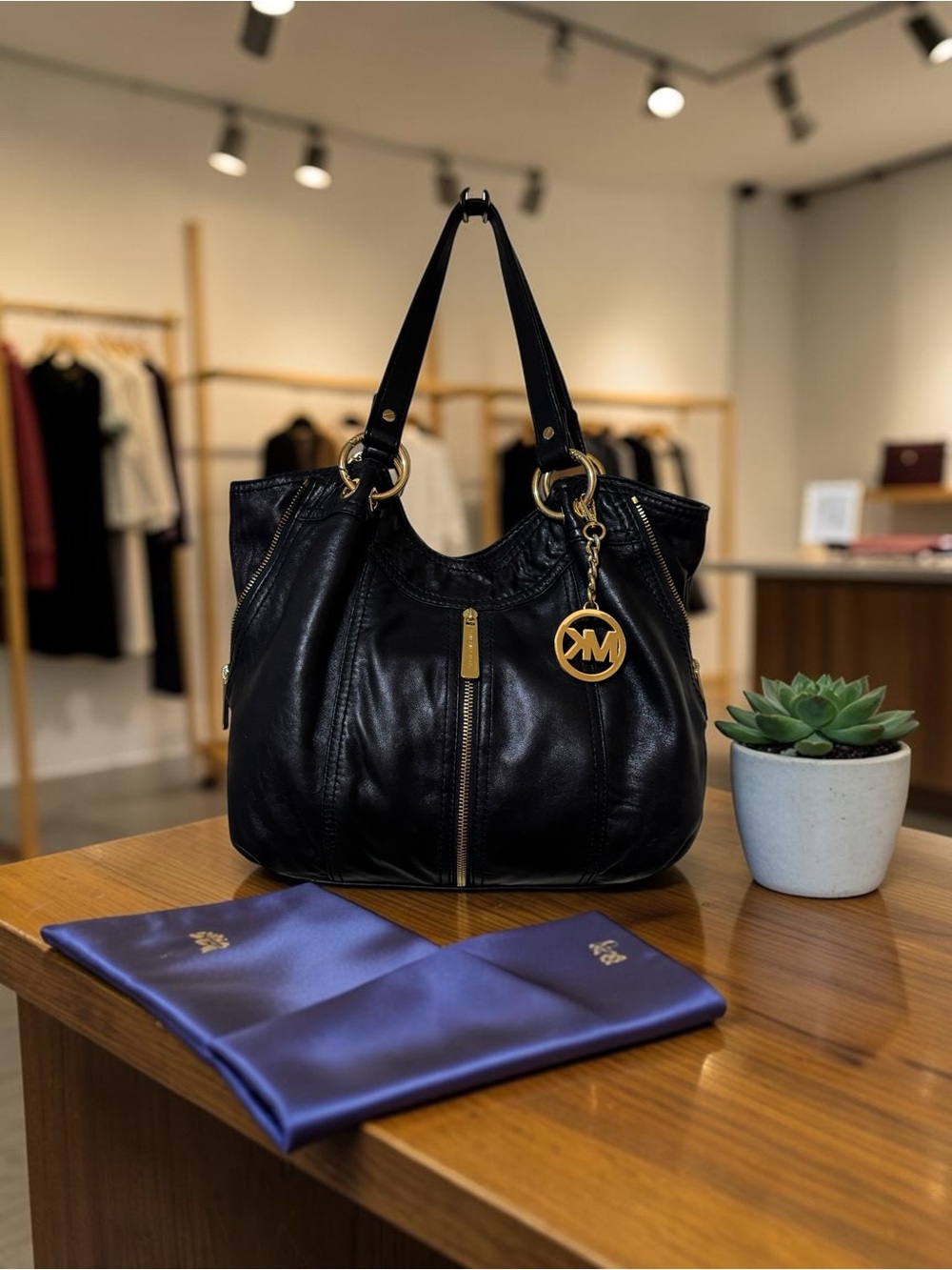 Michael Kors Black Leather Shoulder Tote with Gold MK Charm